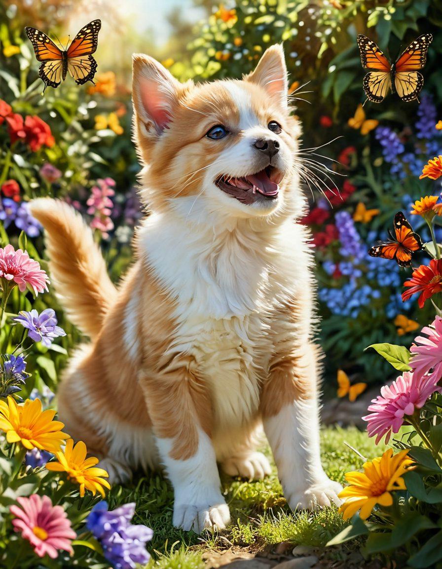 A heartwarming scene of a playful puppy and a cheerful kitten frolicking in a sunlit garden, surrounded by vibrant flowers and butterflies. Their joyful expressions reflect pure happiness, capturing the essence of companionship and playfulness. A soft, warm glow enhances the cheerful atmosphere, inviting the viewer into a world of joy. super-realistic. vibrant colors. soft focus.