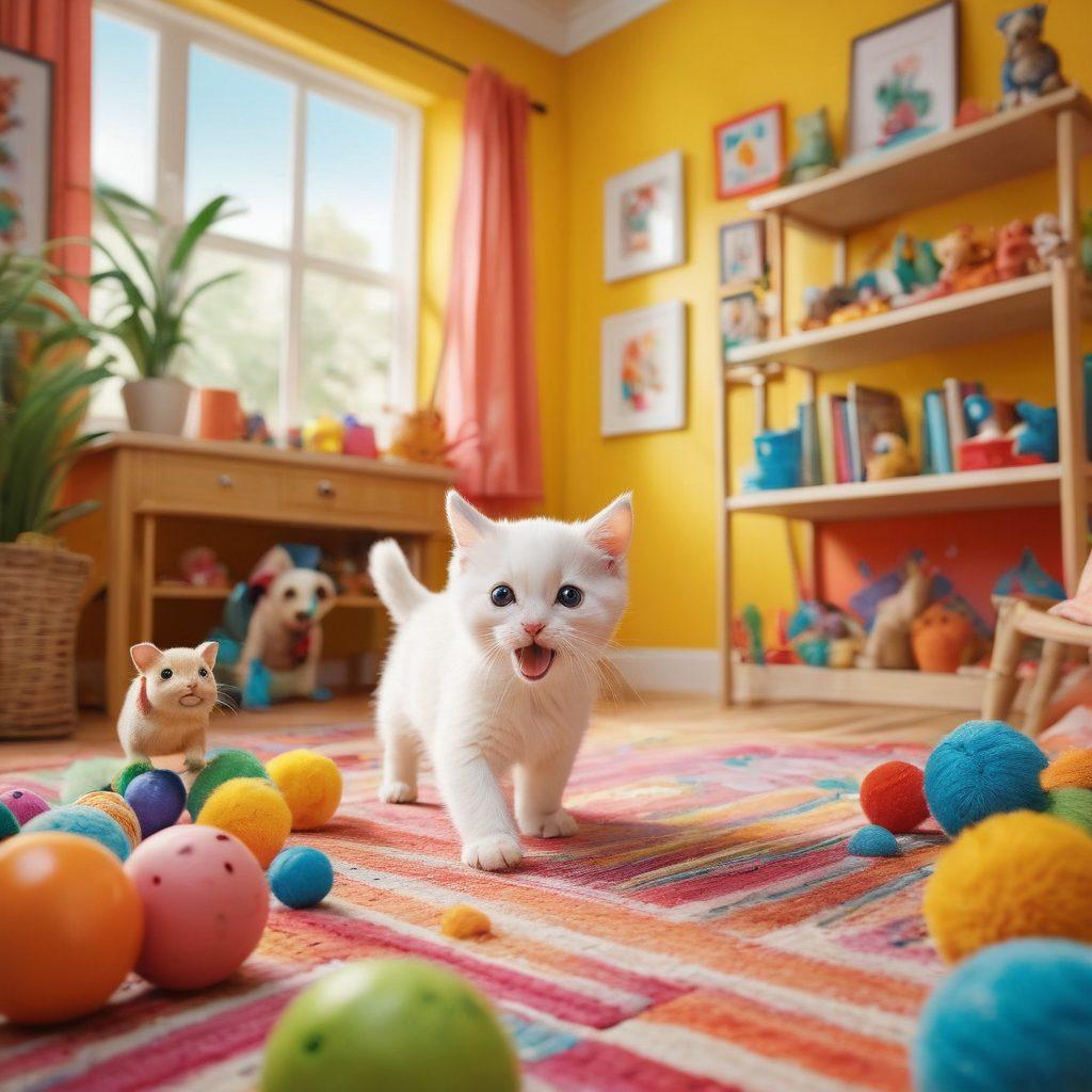 A vibrant scene featuring playful pets such as a mischievous puppy and a curious kitten engaging in a game of chase, surrounded by cheerful colors and whimsical toys. In the background, illustrate a variety of amusing animals, like a laughing parrot and a dancing hamster, spread joy and laughter. The atmosphere should radiate happiness and warmth, inviting viewers into a whimsical world. super-realistic. vibrant colors. playful and cheerful tone.