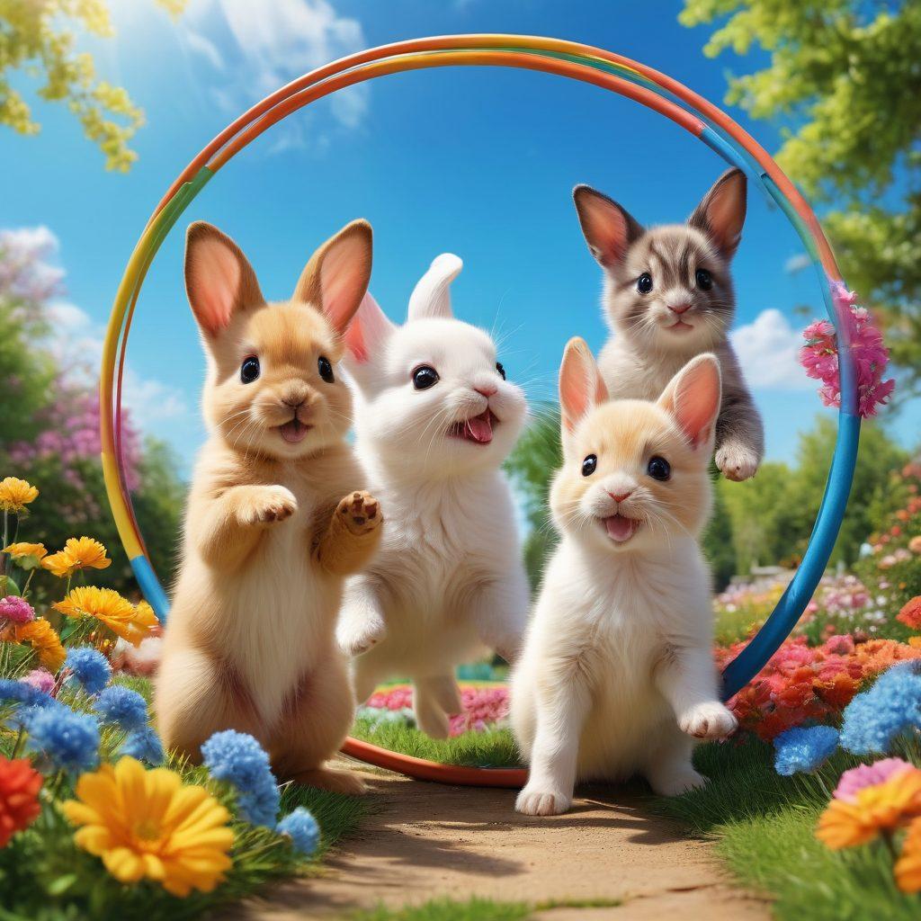 A lively scene featuring various cheerful animals such as playful puppies, curious kittens, and joyful bunnies engaged in fun activities like playing with toys, jumping through hoops, and frolicking in a sunny park. The background should include colorful flowers and a bright blue sky, emphasizing a playful and happy atmosphere. The overall composition should evoke joy and excitement. vibrant colors. super-realistic.